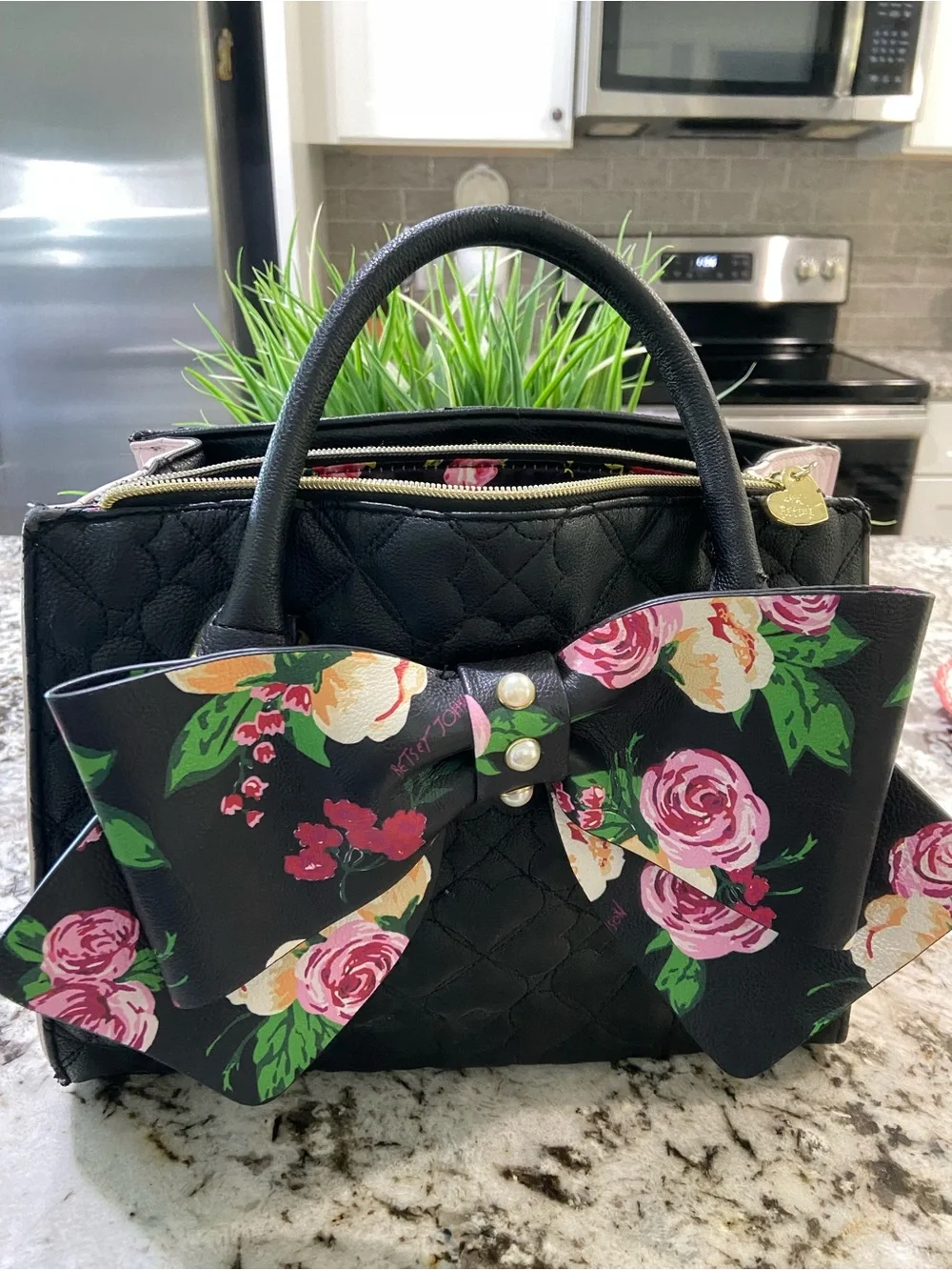 Vintage Betsy JohnsonQuilted Black Satchel with Floral Bow Accent